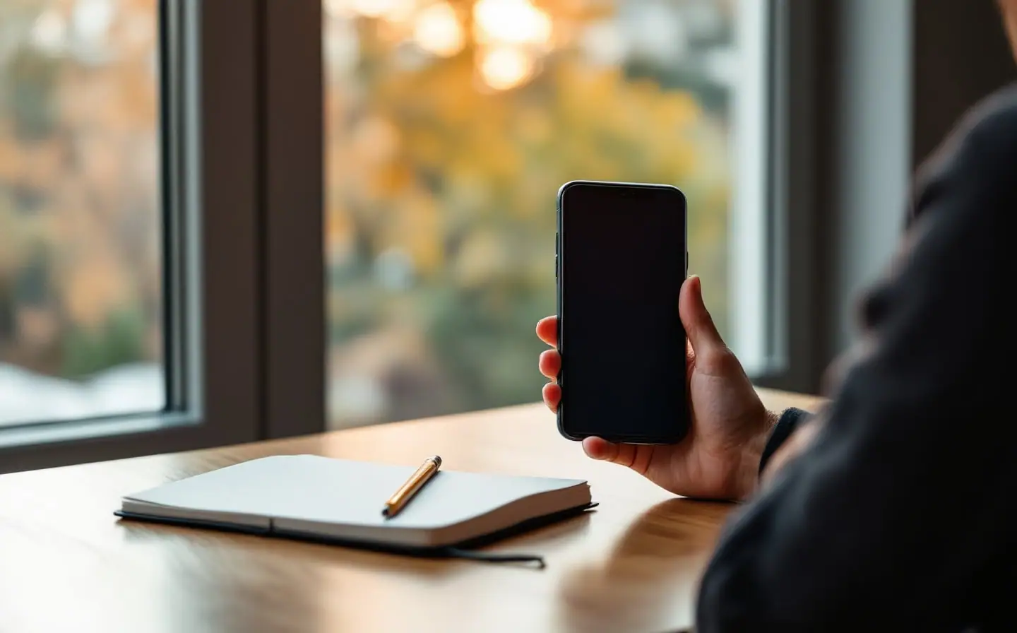Person seen from behind tilting a dark phone toward window light at a wooden desk