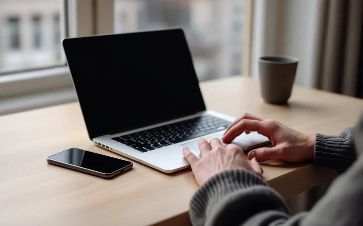 Hands resting on a closed laptop beside a dark phone and blank index cards