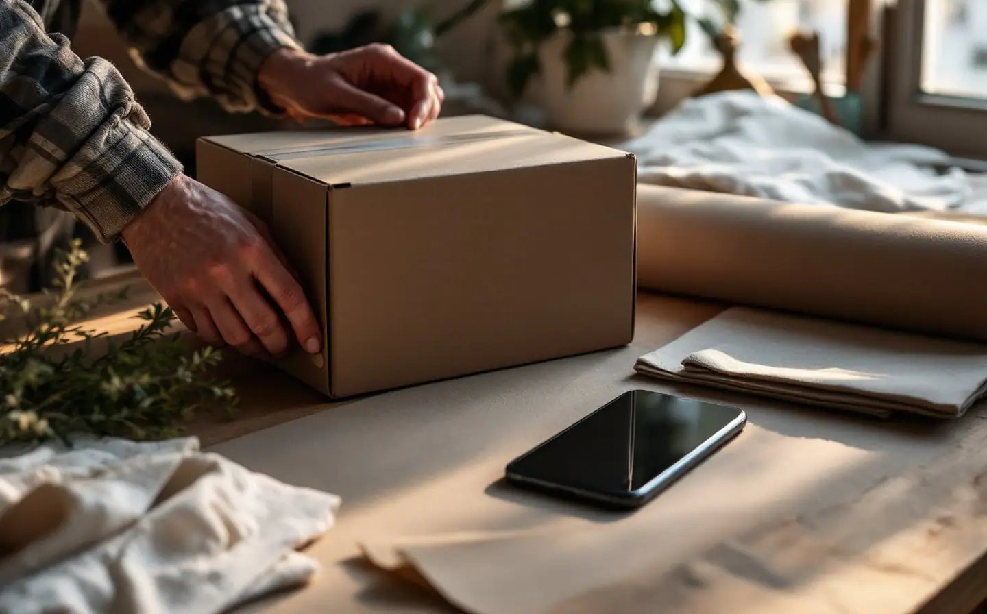 Hands taping a plain cardboard box beside folded linen and a dark phone on a workbench
