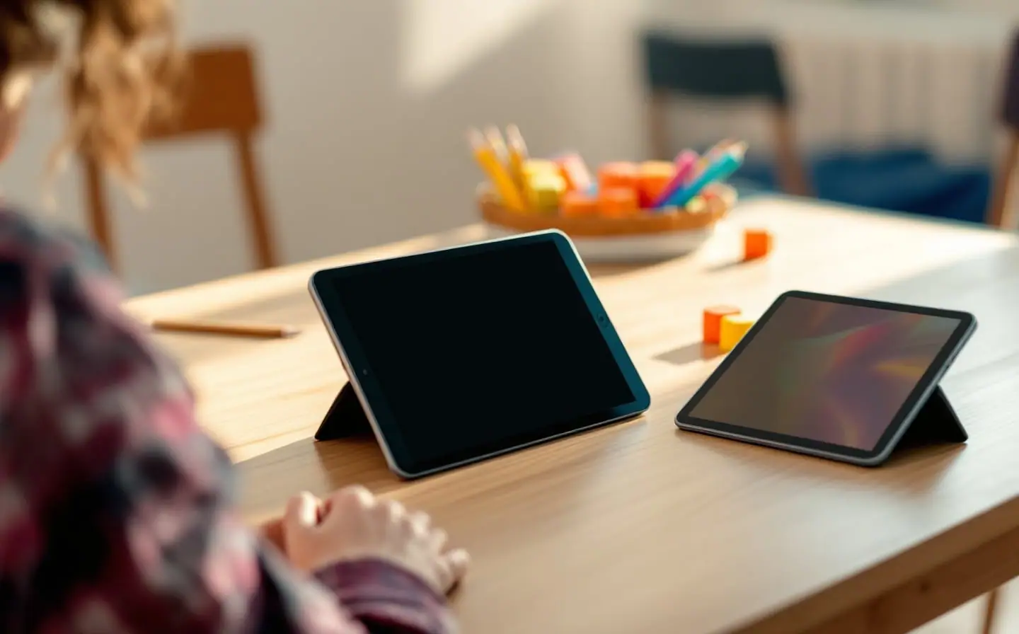 Hands resting on a dark tablet beside pencils and wooden blocks on a classroom table