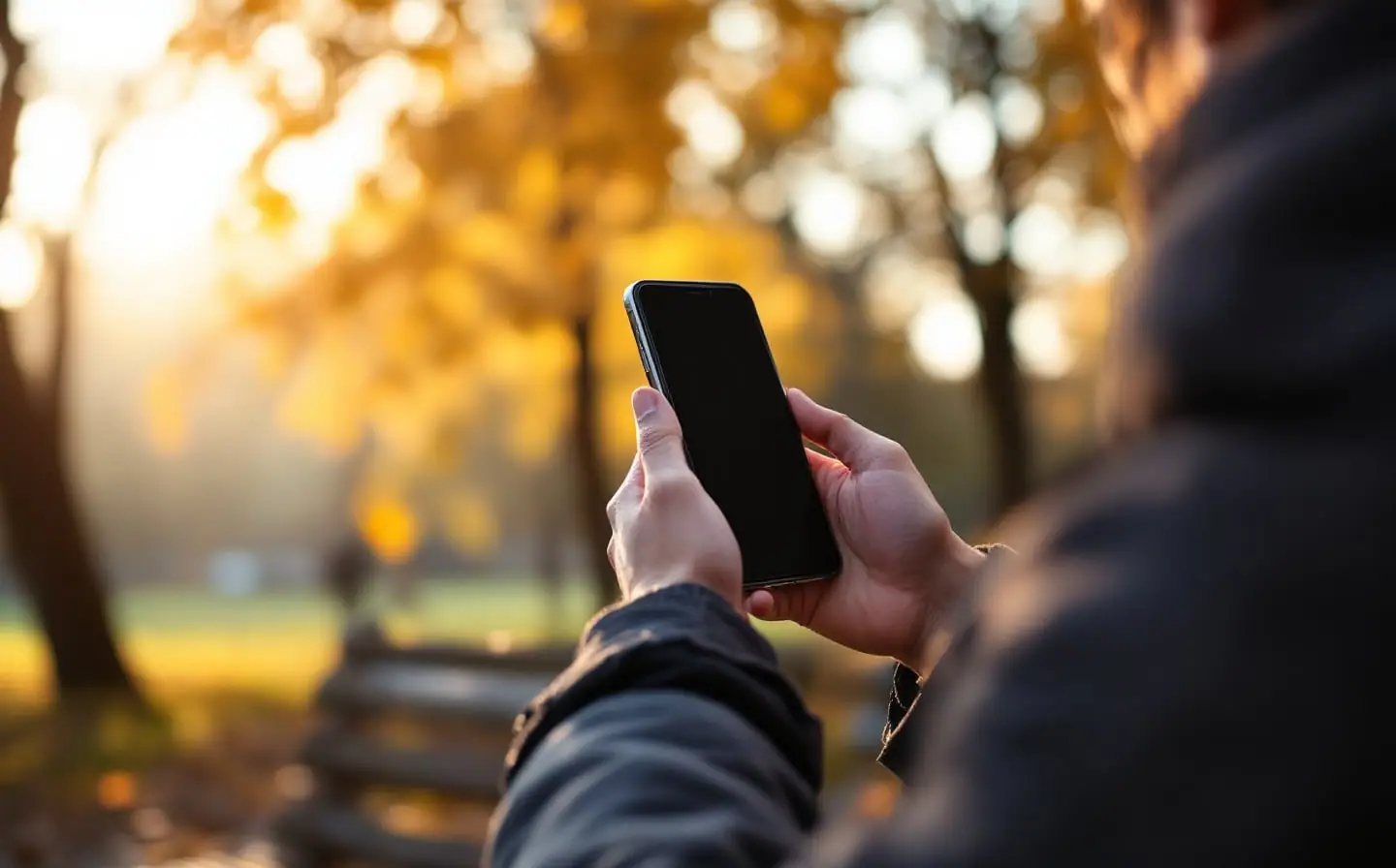 Person seen from behind on a park bench holding a phone in autumn light