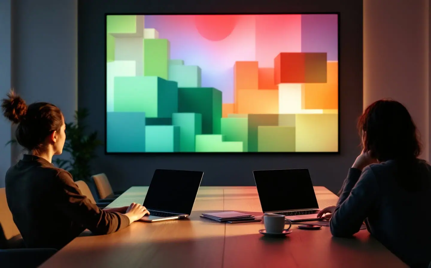Two people seen from behind sharing one laptop in front of a wall display