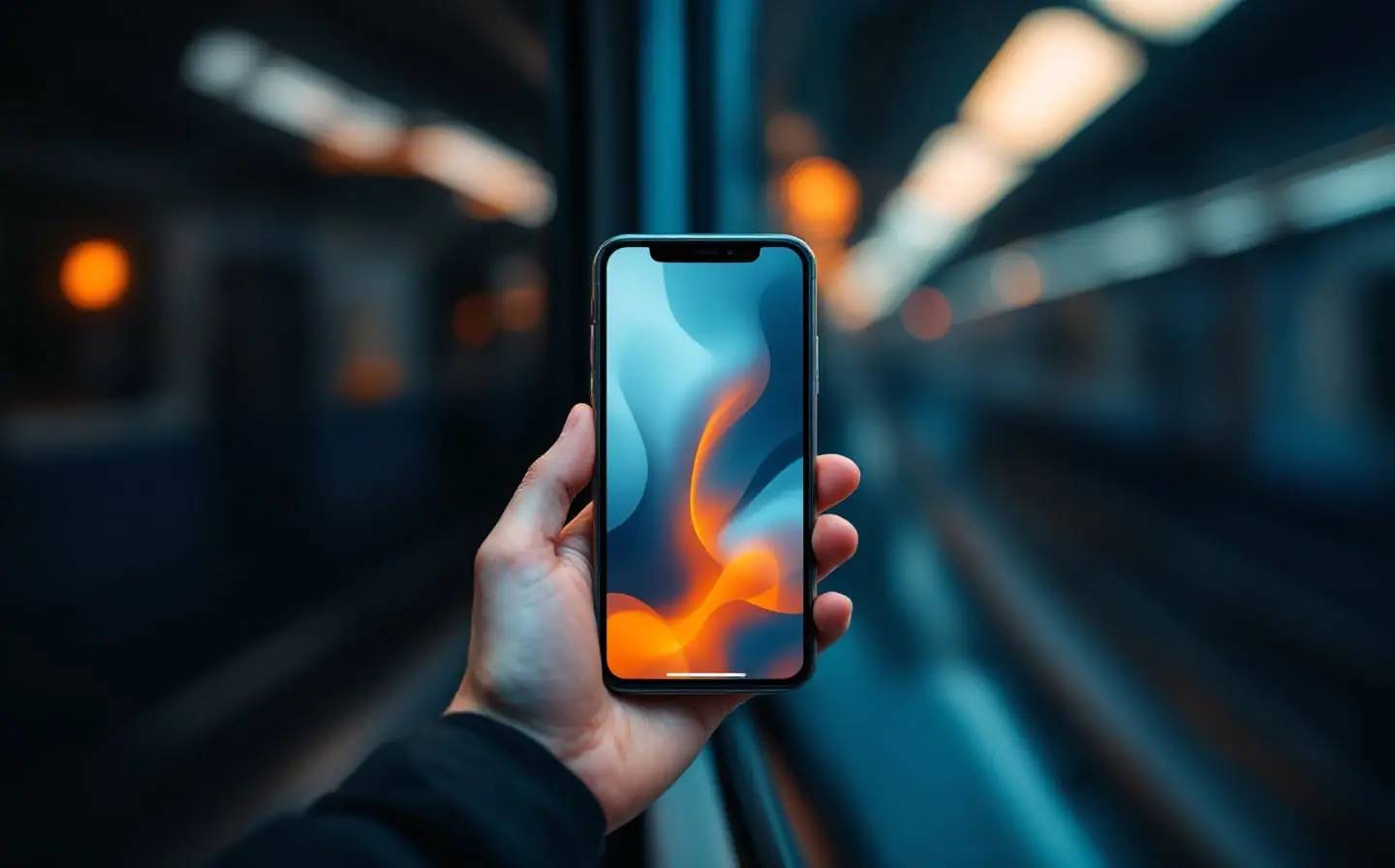 A hand holding a phone beside a train window in a dark tunnel