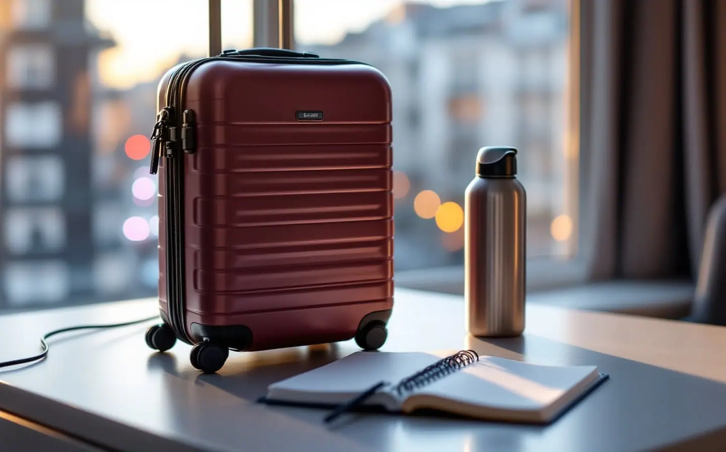 Cabin suitcase, charging cable, notebook and water bottle on a hotel desk in morning light