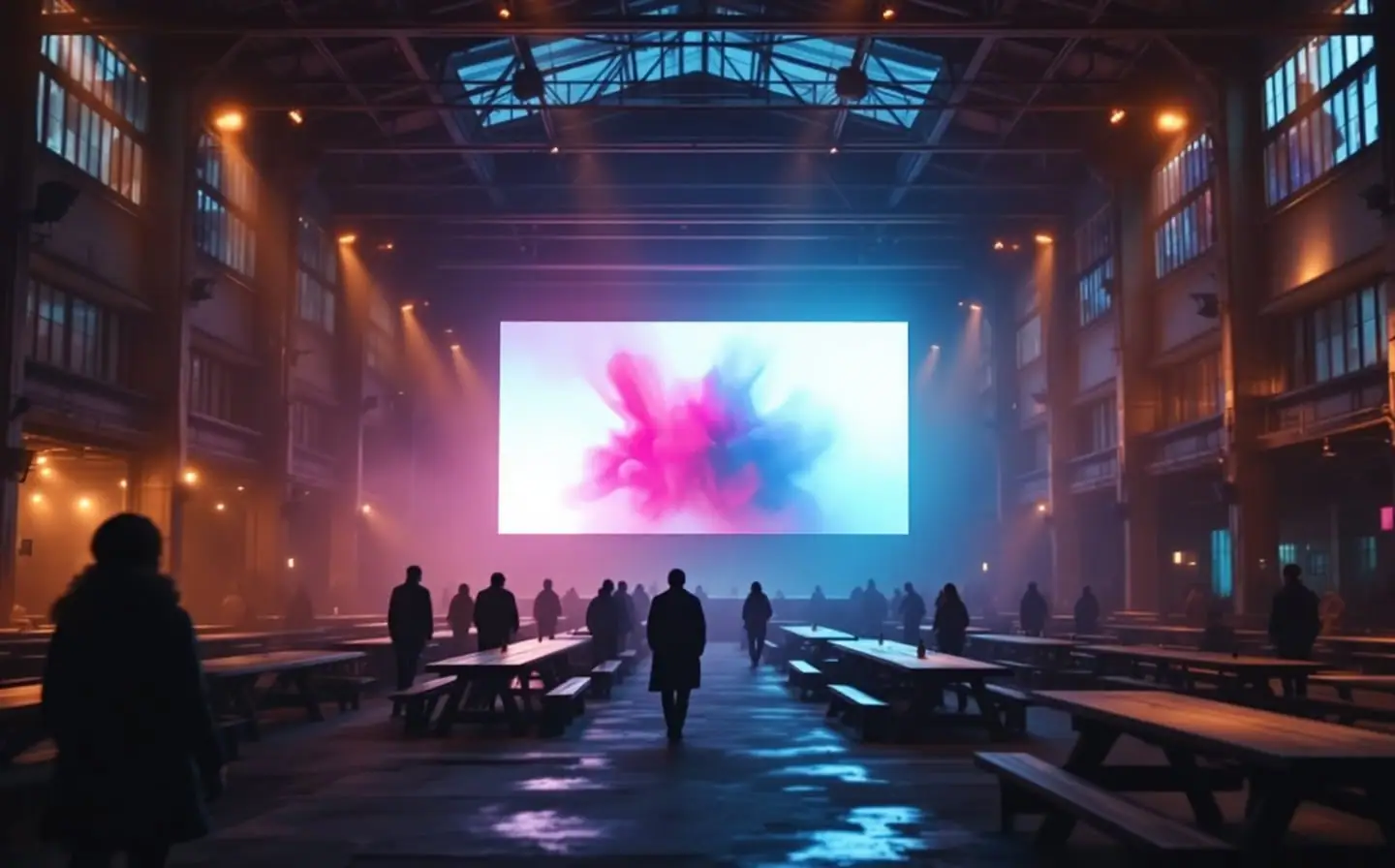 Industrial event hall at dusk with long tables, a lit stage and people seen from behind