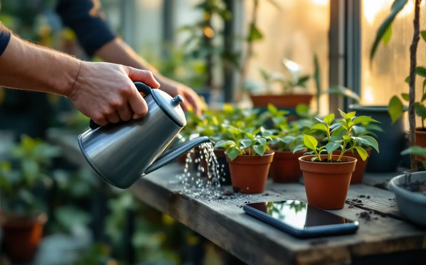 Hands watering a row of small seedlings in a greenhouse beside a dark phone