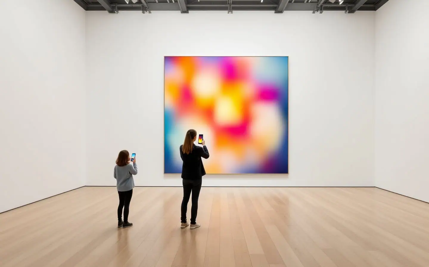 Visitor seen from behind holding a glowing phone toward a large abstract painting in a gallery