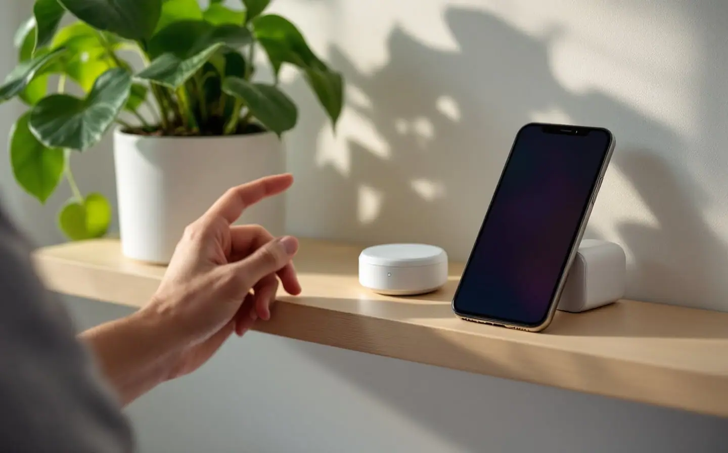 Hands holding a phone beside a small smart plug and a round sensor on a shelf