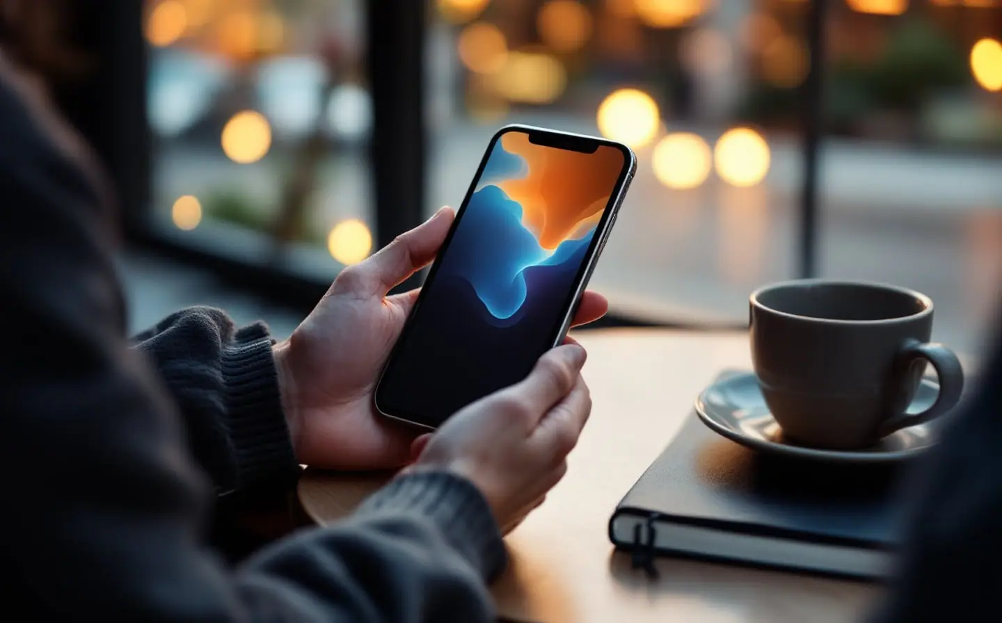 Hands holding a phone showing soft abstract colors at a cafe table in evening light