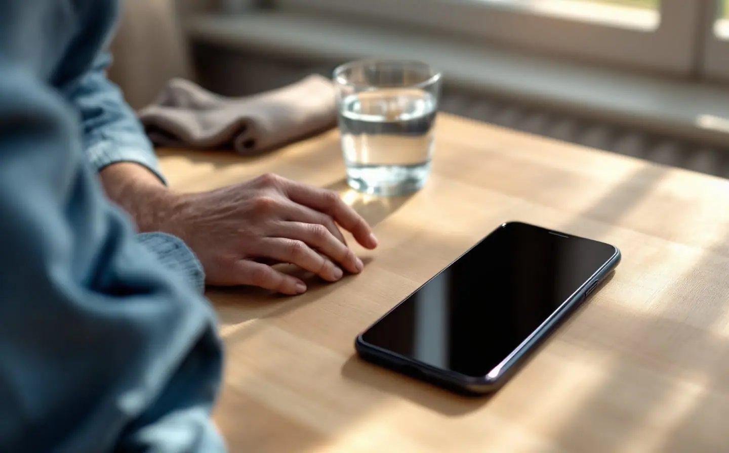 Hands on a wooden table beside a glass of water and a dark phone