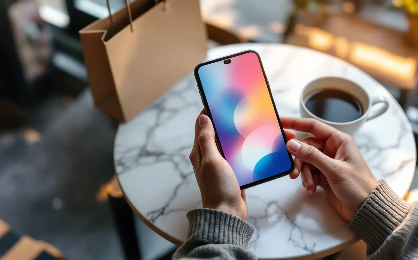 Two hands holding a phone with abstract colored shapes above a café table and paper bag