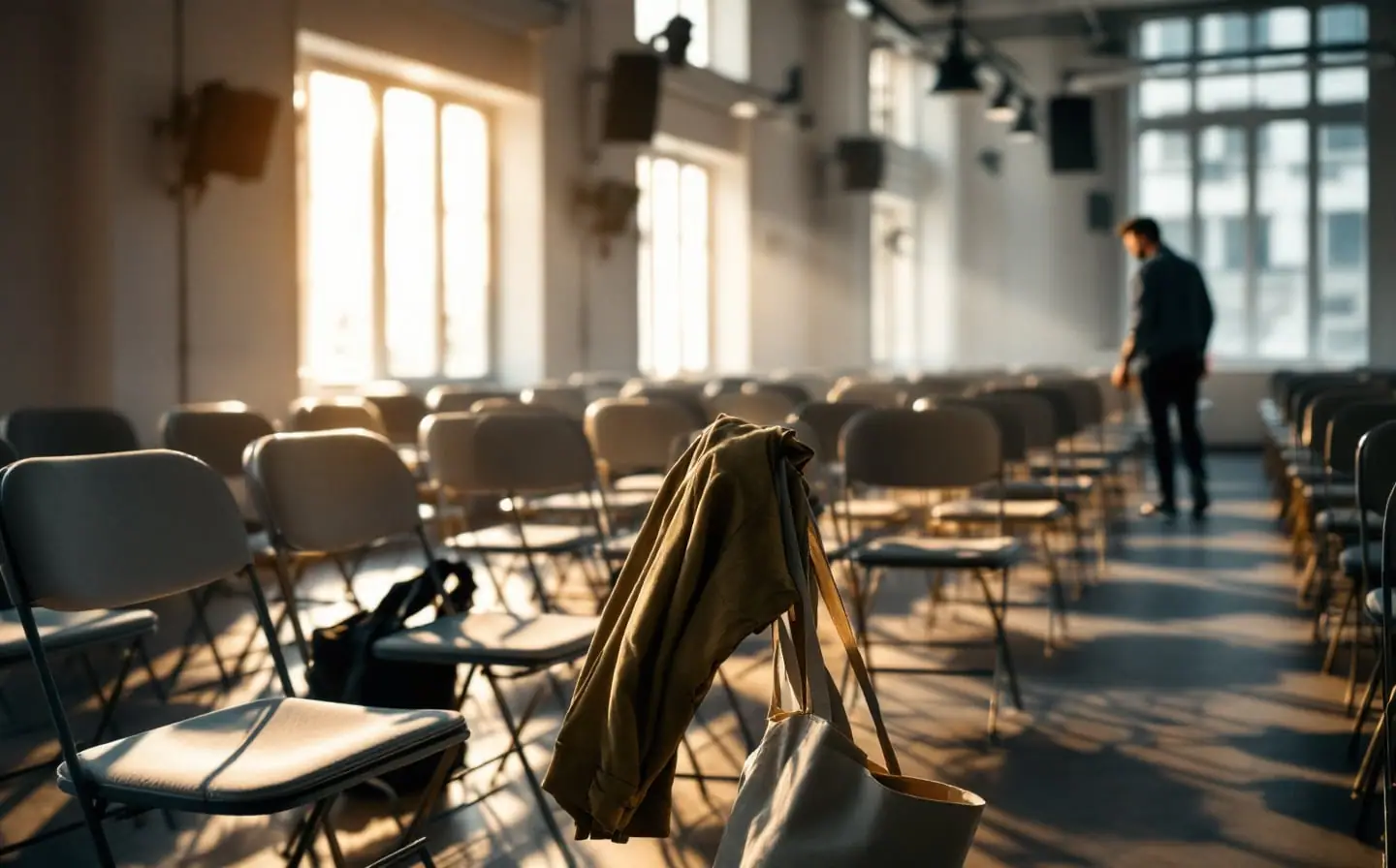 Empty conference hall in morning light, a coat on one chair, a volunteer arranging seats