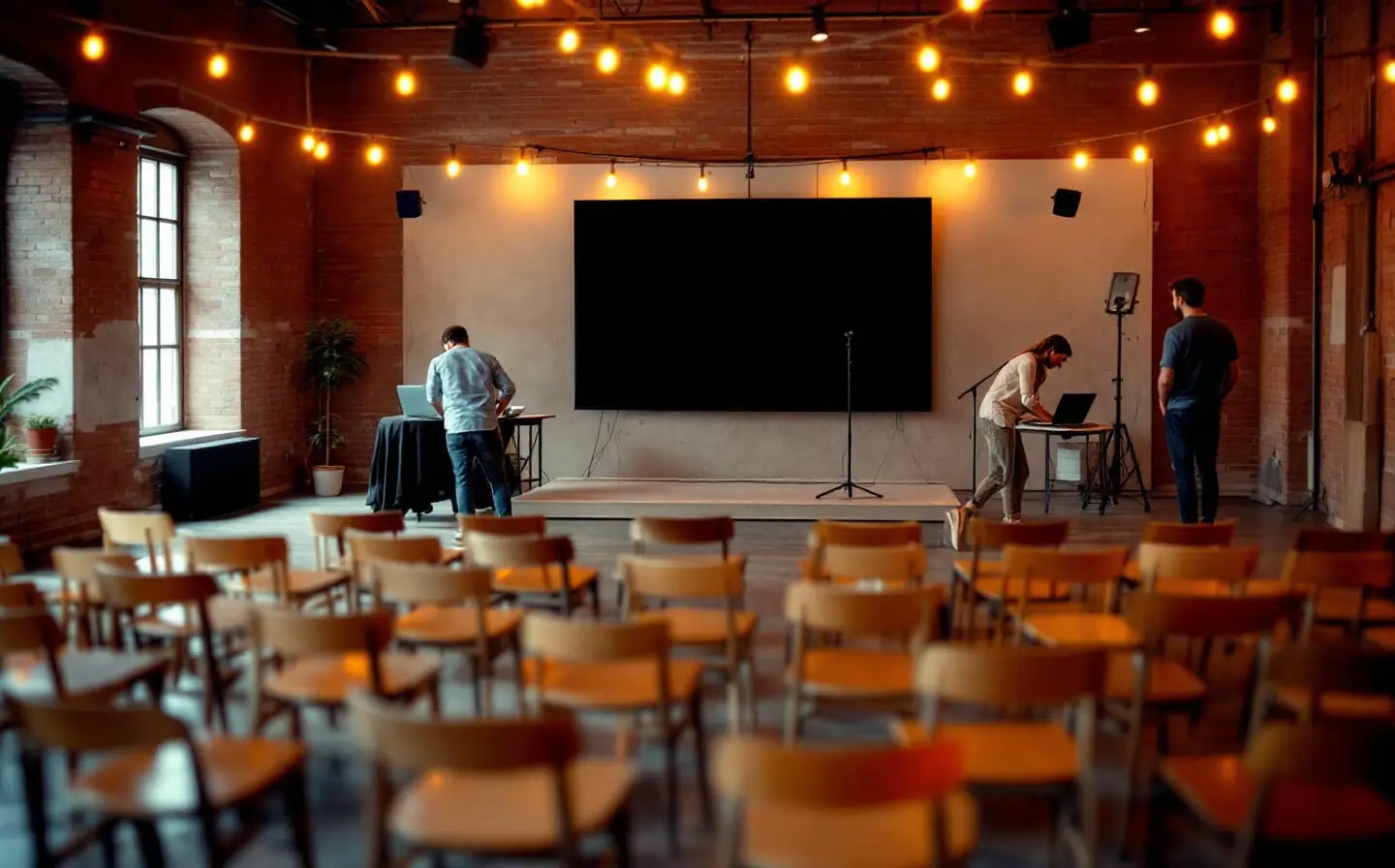 Empty warehouse meetup room with wooden chairs, a microphone stand and two people arranging seats