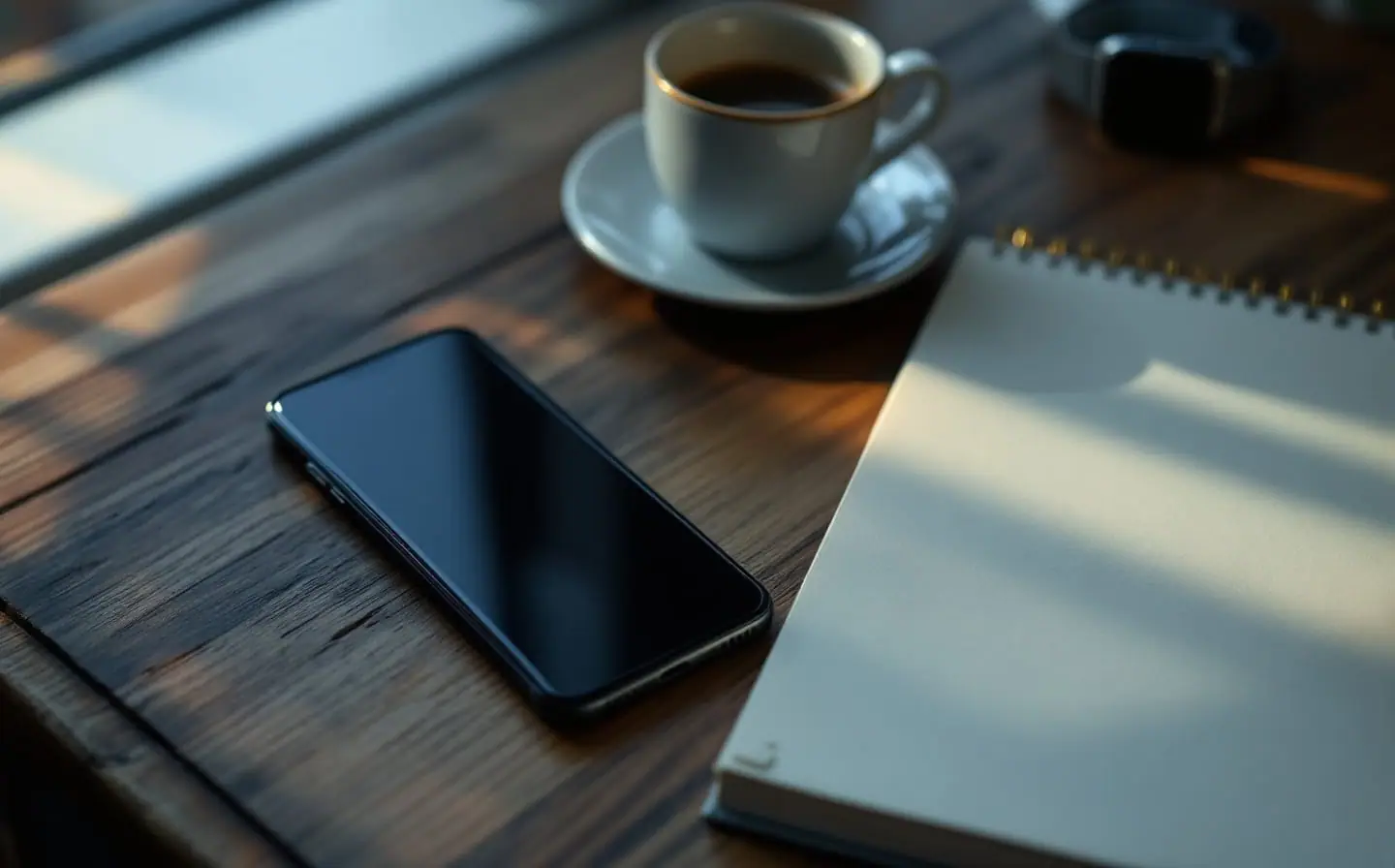 Older smartphone and smartwatch with dark screens on a worn oak desk beside coffee