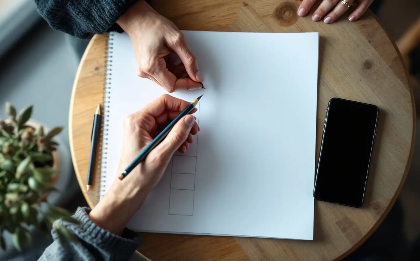 Hands with a pencil over a blank paper grid beside a dark phone and coffee