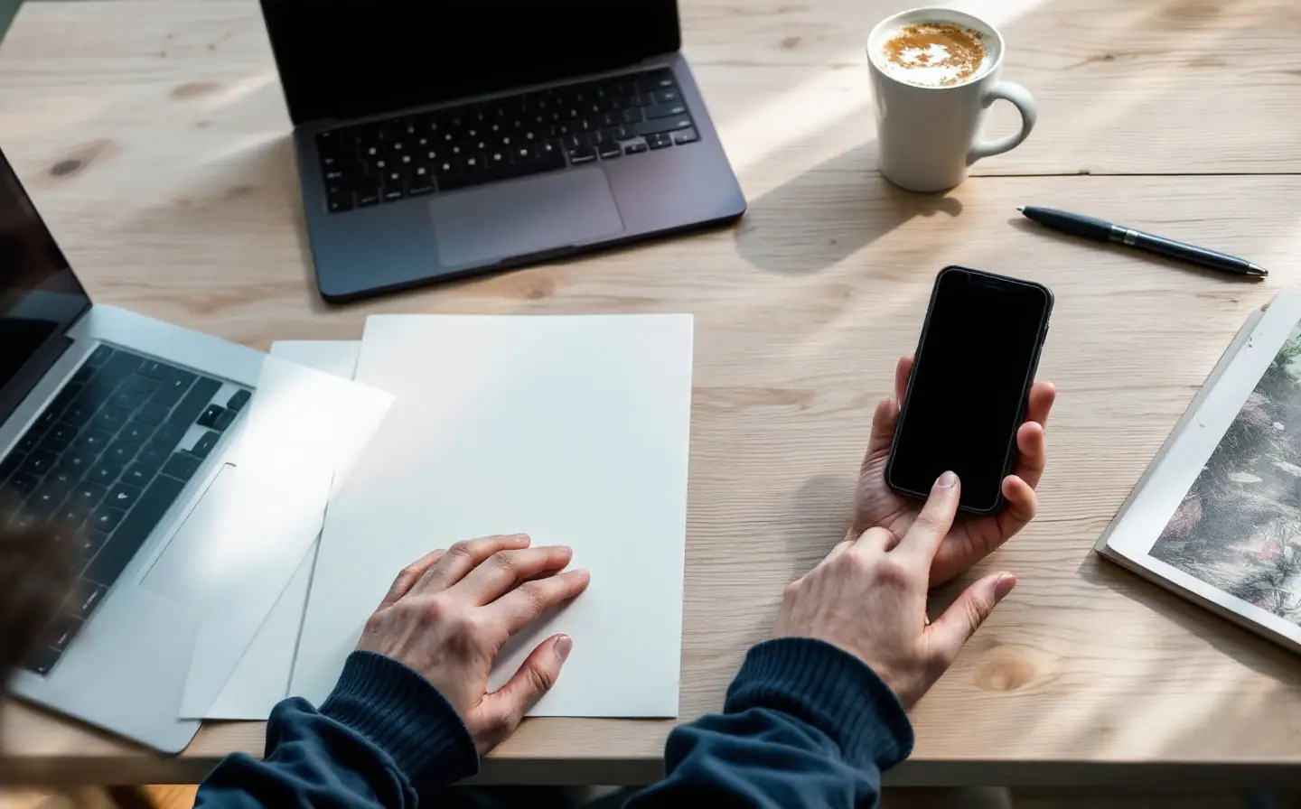 Hands beside two dark phones and a closed laptop on a pale oak desk