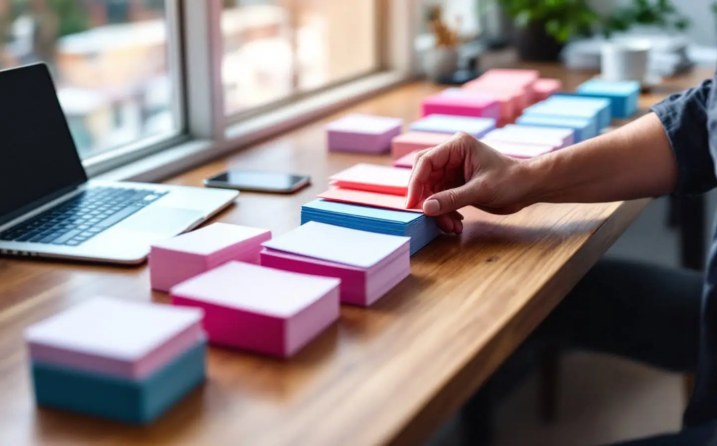 Hand arranging blank colored index cards in rows on a wooden desk in autumn light