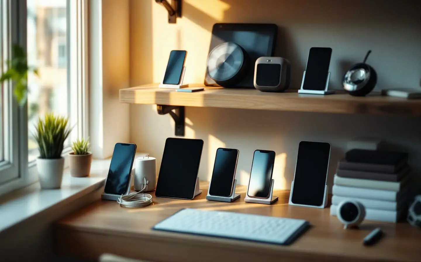 A tidy shelf with phones in stands, coiled cables, a small charger and a stack of books